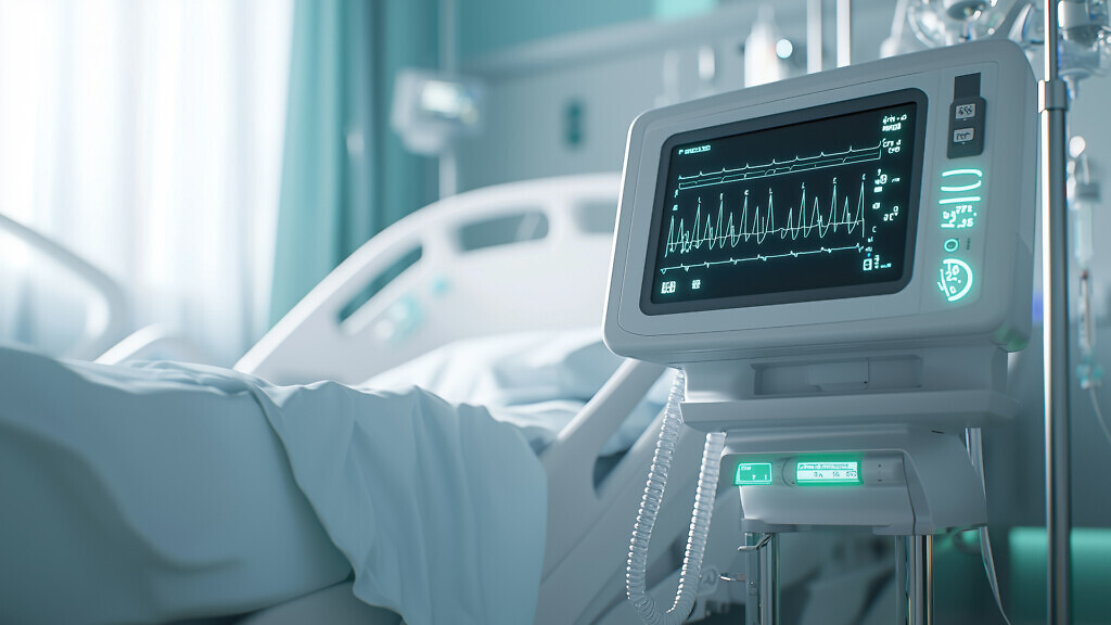 Close-up view of a ventilator machine displaying vital signs in a modern hospital room during daytime