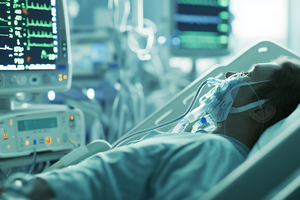 A patient rests on a hospital bed, connected to mechanical ventilation equipment, as monitors display vital signs during critical care treatment.