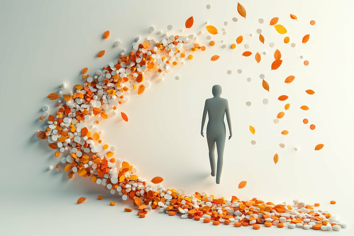 A digital figure walking down a path lined with leaves and pills representing the journey through the landscape of drug legalization