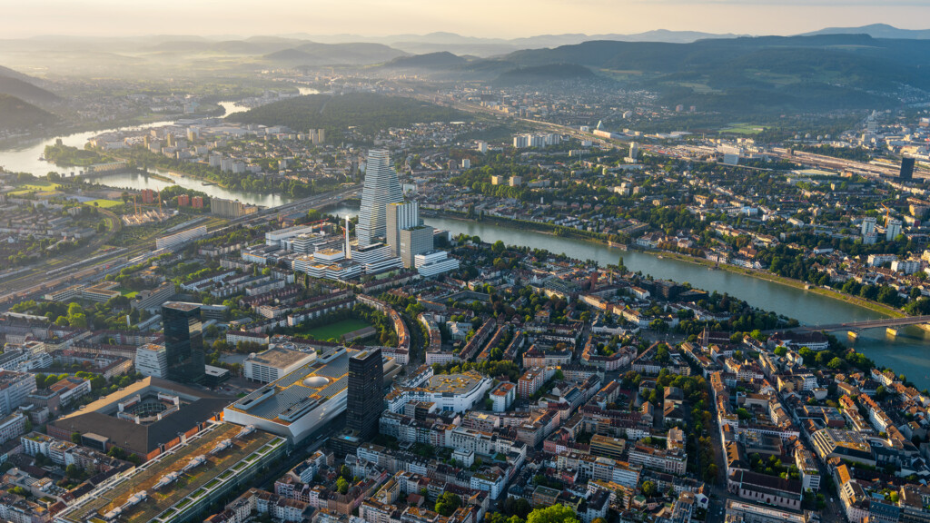 Aerial view of Basel, Switzerland. Photography by AviaticFilms