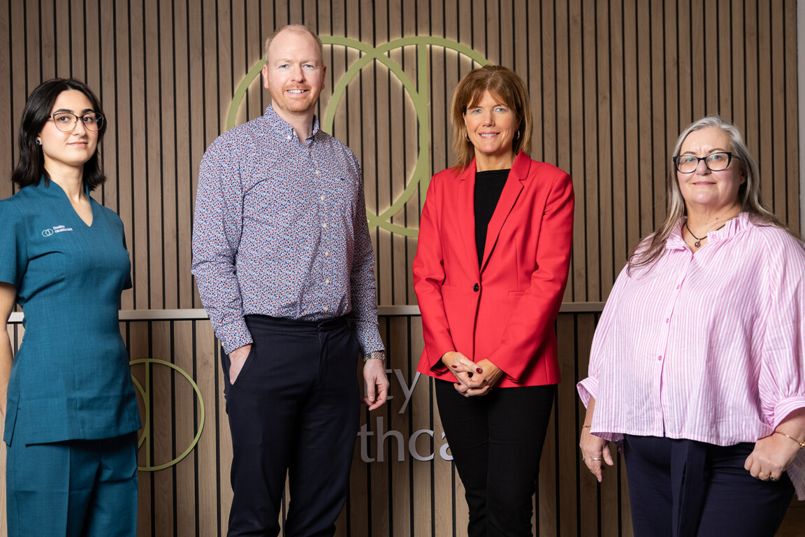 Tahira Besherdust, Patient Experience Advisor at Duality Healthcare, John McEvoy, CEO at Duality Healthcare, Clare Guinness, CEO at Belfast Chamber and Sarah Marks, COO at Duality Healthcare at the announcement of the investment