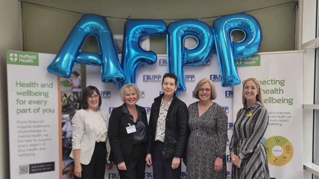 AfPP’s Heather Cawthorne (Audit & Accreditation Manager) and Alex Duke (CEO), with Nuffield Health’s Karen Prins (COO – Hospitals), Alison McCourt (Chief Clinical and Quality Officer) and Jenna Di Gregorio (National Lead Surgical Services) announcing the partnership at Nuffield Health’s York Hospital.