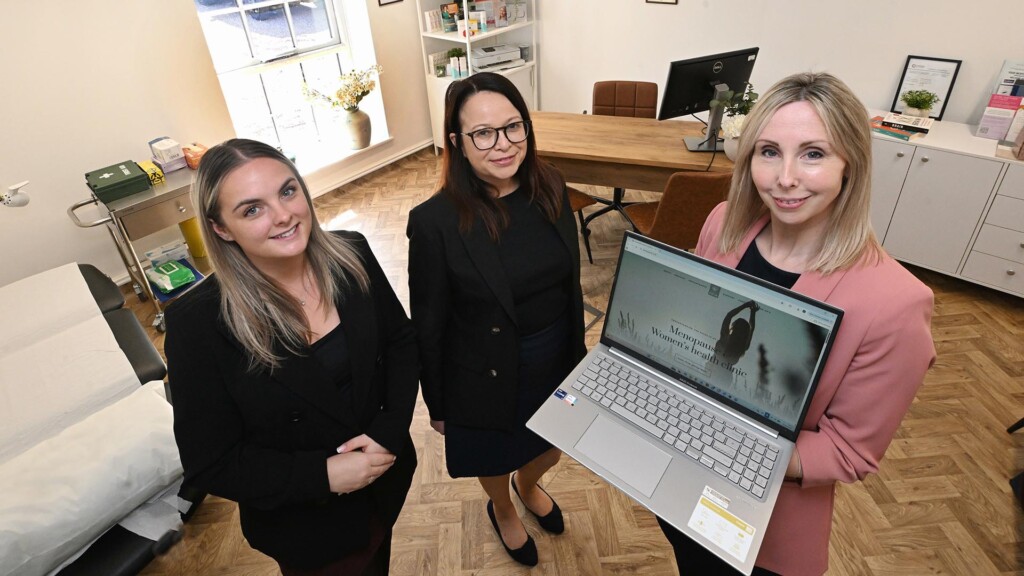 From left: Emma Biddle, Office and Events Supervisor at Stockton House, Claire Lynch, Board Director at The Wigley Group, and Dr Rebecca Jacques, Founder of Time to Pause in Time to Pause’s clinic at Stockton House