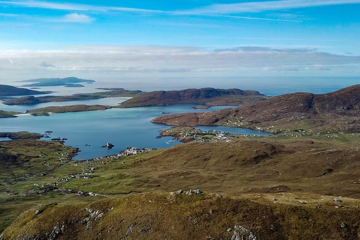 Aerial view of castle bay on the island of Barra in the outer hebrides
