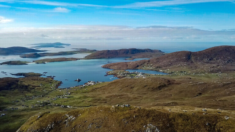 Aerial view of castle bay on the island of Barra in the outer hebrides