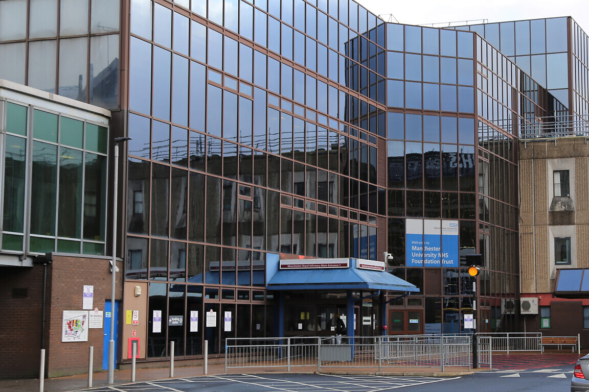The University Hospital NHS Foundation Trust entrance on Grafton Street, Manchester.