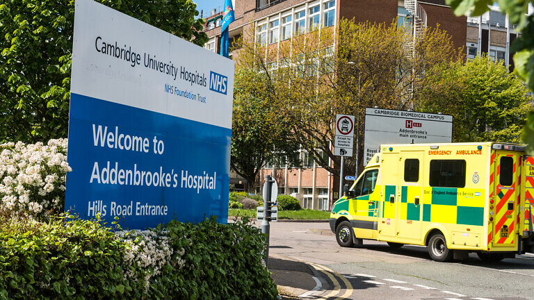 Entrance sign for Cambridge University hospital known as Addenbrooke's hospital