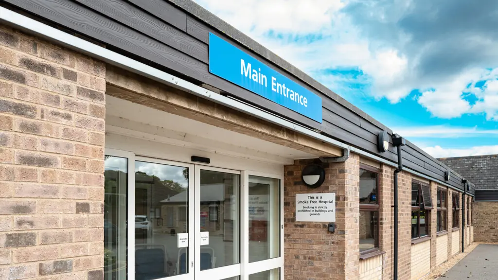 Main entrance to a typical NHS hospital outpatients department.