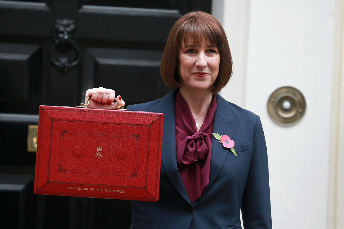 Rachel Reeves, chancellor of the exchequer, poses outside 11 Downing Street.